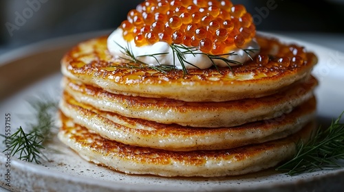 Stack of pancakes topped with red caviar, sour cream, and dill.