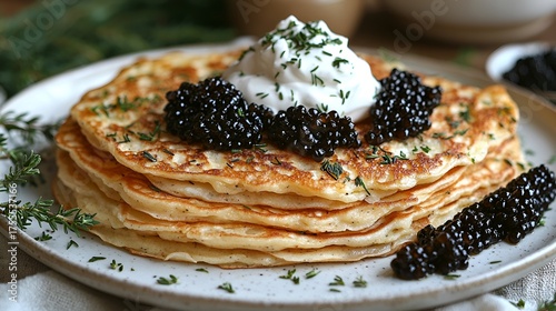 Stack of pancakes topped with caviar and sour cream.
