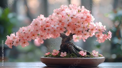Blooming pink cherry blossom bonsai tree in a pot.