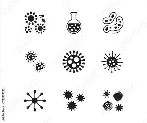 Microbiology icon set, study of microbe, bacteria and virus, disease and infection vector symbol