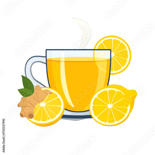 Invigorating Yellow Beverage Illustration with Lemon Ginger and Steam on White Background