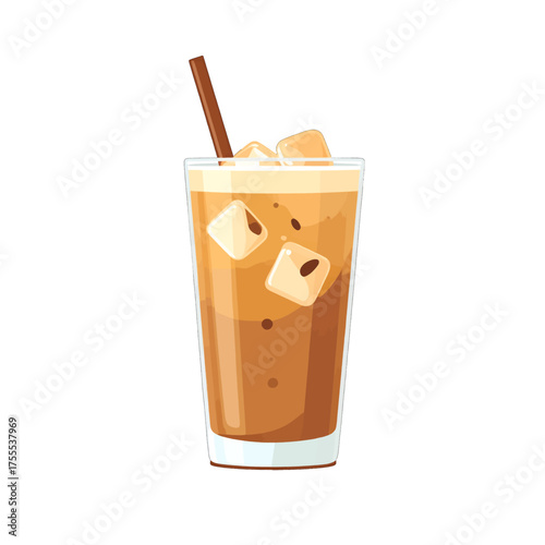 Iced Coffee Illustration with Ice Cubes and Straw in Transparent Glass on White Background Digital Artwork for Beverage Presentation