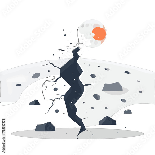 Stylized Illustration of a Ruptured Ground with a Bright Moon and Geometric Shapes in Gray and White Tones