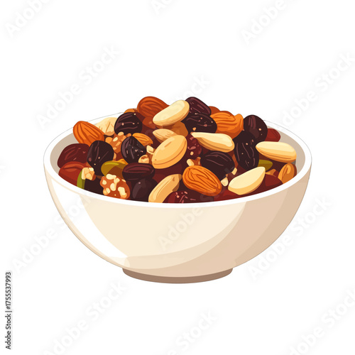 Pixel Art Illustration of Mixed Nuts and Dried Fruits in White Bowl on White Background