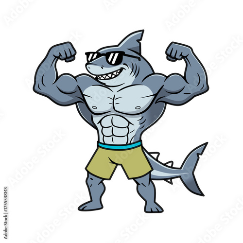 Vector cartoon muscular shark, funny cartoon monster