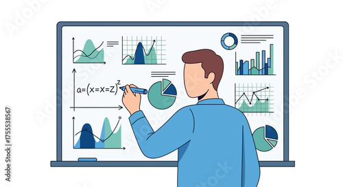 Illustration of a man presenting business data charts and graphs on a whiteboard with mathematical
