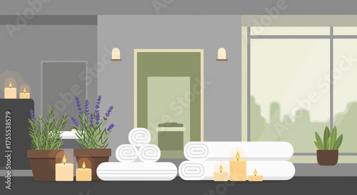 Relaxing spa interior with towels, candles and plants creates a peaceful atmosphere