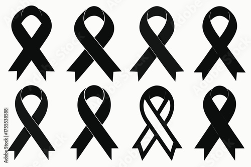 Eight black awareness ribbons on a white background