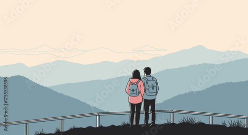 Romantic mountain escape featuring a couple with backpacks enjoying scenic vista view