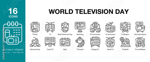 World Television Day icon set. Includes television, entertainment, media, tv, display, broadcast and More. Editable Stroke Icon Collection.