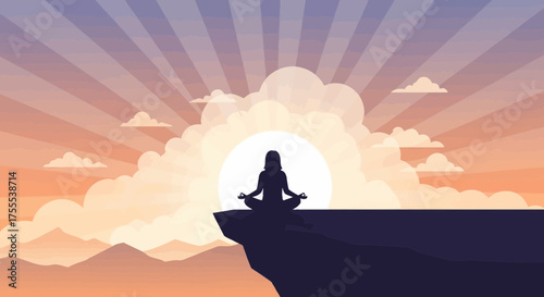 Silhouette of woman meditating on a cliff against a peaceful sunset background, promoting well being