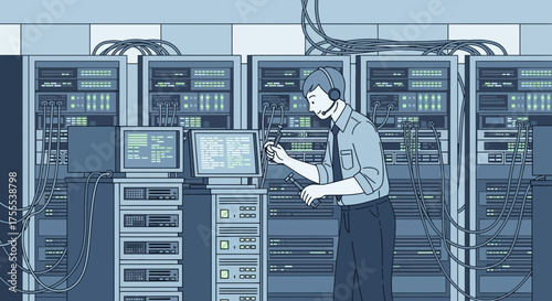 System administrator managing servers in a data center environment with technical expertise