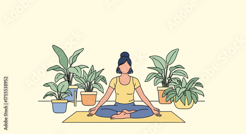 Young woman meditating in lotus position surrounded by plants indoors illustration