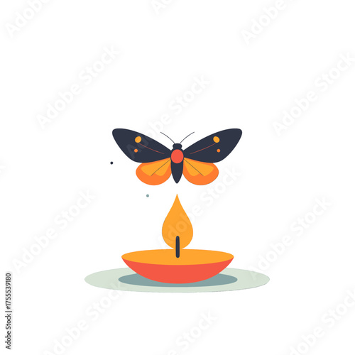 Pixelated Monarch Butterfly Above Orange Candle Flame on White Background