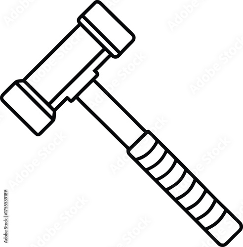 Black and white vector illustration of a hand tool hammer hitting a construction nail on a white background