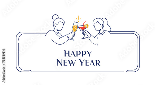 Two people toasting with drinks and "Happy New Year" text in a festive frame