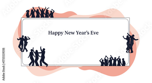 Silhouetted people celebrating around an empty frame for "Happy New Year's Eve" text