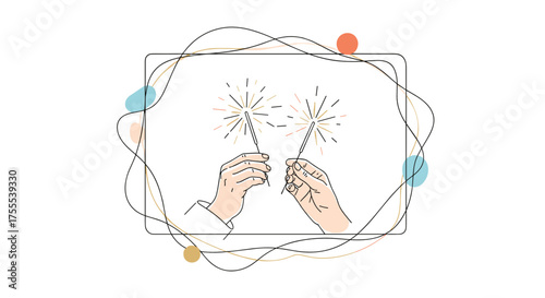 Hands holding sparklers with festive decorations surrounding an empty frame for celebration text