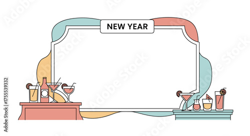 "New Year" text with festive drinks and decorations in a celebratory frame