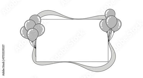 Balloons and ribbons surrounding an empty frame for festive celebration text