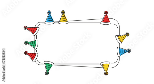 Colorful party hats surrounding an empty frame for festive celebration text