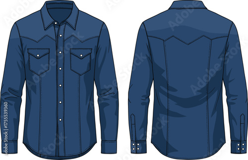 Vector illustration of classic long sleeve denim shirt front and back view with pockets, stitching details, button down casual fashion