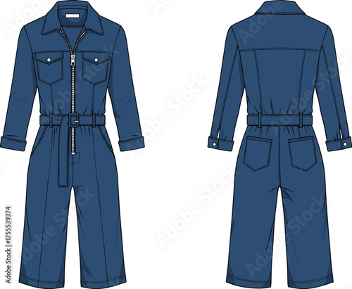 Technical fashion vector illustration of denim jumpsuit front and back view with collar, belt, zipper, pockets, wide cropped legs