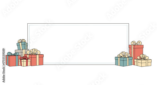 Colorful Christmas presents stacked around an empty frame for holiday text