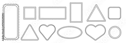 Outline postage stamp frame. Heart, square, rectangle and triangle perforated edge card template. Old vintage envelope travel postal label with zigzag border sample graphic. Empty rectangular piece.