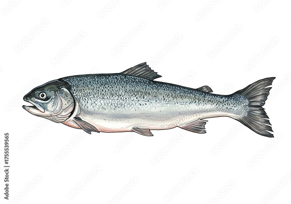 Naklejka premium Vibrant, detailed illustration of a fresh, healthy salmon swimming gracefully, perfect for culinary, health, and lifestyle projects, evoking natural goodness and vibrant living.