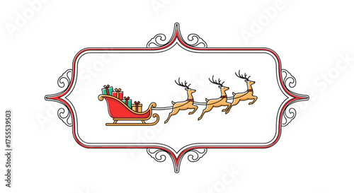 Santa's sleigh with reindeer and gifts inside a decorative frame for holiday design