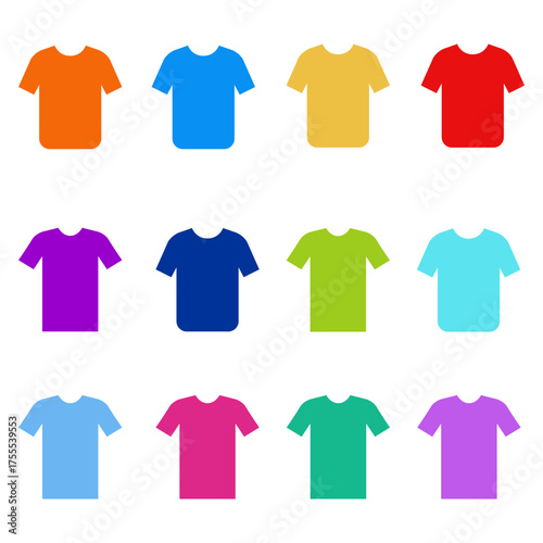 Colorful t-shirt icon collection, A set of twelve plain t-shirt silhouettes in various colors for e-commerce, apparel mockups, print on demand and fashion design