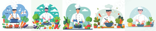 vector male chef cooking fresh vegetables