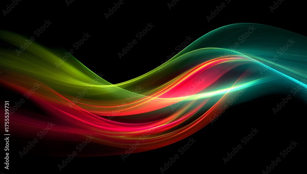 Obraz premium Vibrant flowing abstract light streaks in neon colors creating a dynamic and energetic wave pattern against a dark background