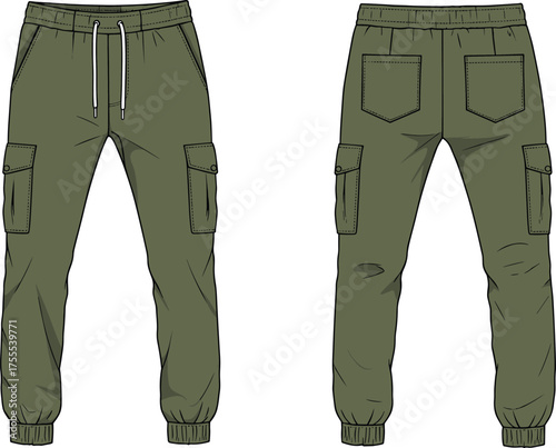 Olive green cargo jogger pants front and back view with pockets, elastic waistband, drawstring, casual fashion vector illustration design