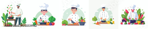 vector male chef cooking fresh vegetables