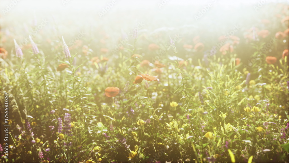 Obraz premium A vibrant field of wildflowers bursts with color, illuminated by gentle morning sunlight. Bright reds, yellows, and purples create a stunning natural tapestry, filled with life.