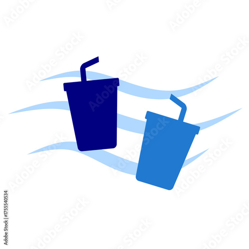 Sea debris. Plastic cup in blue wave microplastic. Sea pollution vector clip art. Plastic in ocean vector for education and campaign