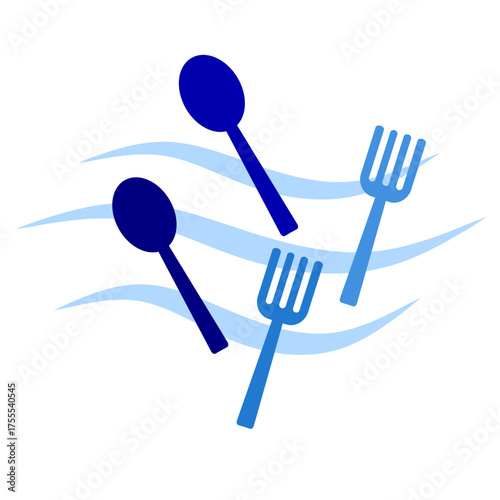 Sea debris. Plastic Fork and Spoon in blue wave microplastic. Sea pollution vector clip art. Plastic in ocean vector for education and campaign