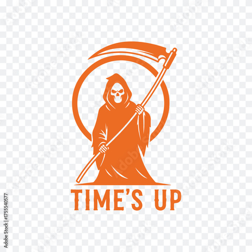 A vintage-style grim reaper holding a scythe with bold 'Time's Up' text, minimalist and striking design.