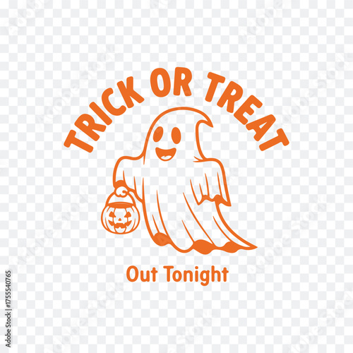 A friendly ghost holding a jack-o'-lantern and a sign saying 'Trick or Treat Out Tonight' for Halloween celebrations.