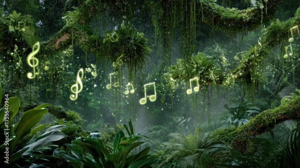 Naklejka premium Magical Forest with Floating Music Notes and Enchanting Greenery in a Fantasy Landscape Captured Amid Misty Environment