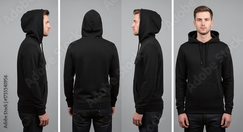 Man wearing a black hoodie, shown from multiple angles front, back, and side views