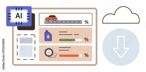 Vehicle insights via AI-enabled dashboard with fuel, tire, and engine status indicators and cloud download. Ideal for technology, transportation, efficiency, smart systems, automation, data analysis