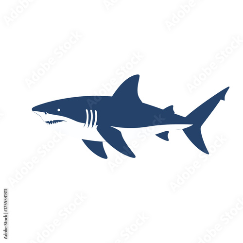 Dark Blue Shark Illustration on White Background with Visible Teeth and Fins