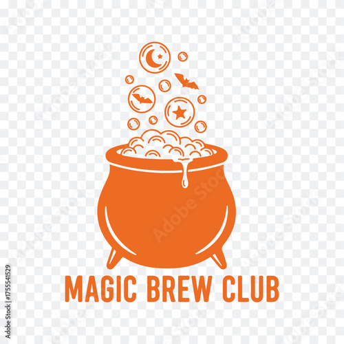 A vibrant logo for Magic Brew Club featuring a cauldron with magical elements like stars and moons, isolated on white background.