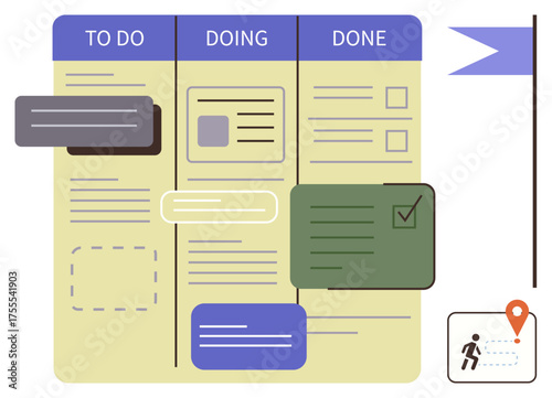 Workflow organization with to-do, doing, and done columns featuring cards, checkboxes, and icons. Ideal for productivity, workflow, planning, project management task prioritization teamwork goal