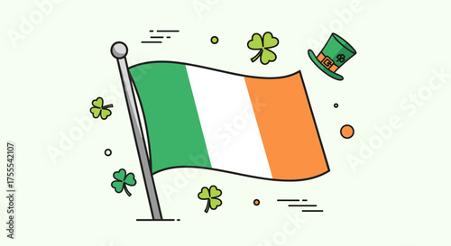 Waving Irish flag with a leprechaun hat and shamrocks for St. Patrick's Day celebration