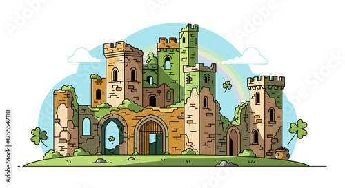 Ancient Irish castle ruins surrounded by greenery and shamrocks under a rainbow