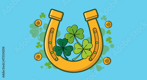 Golden horseshoe with shamrocks and coins for good luck and St. Patrick's Day celebration